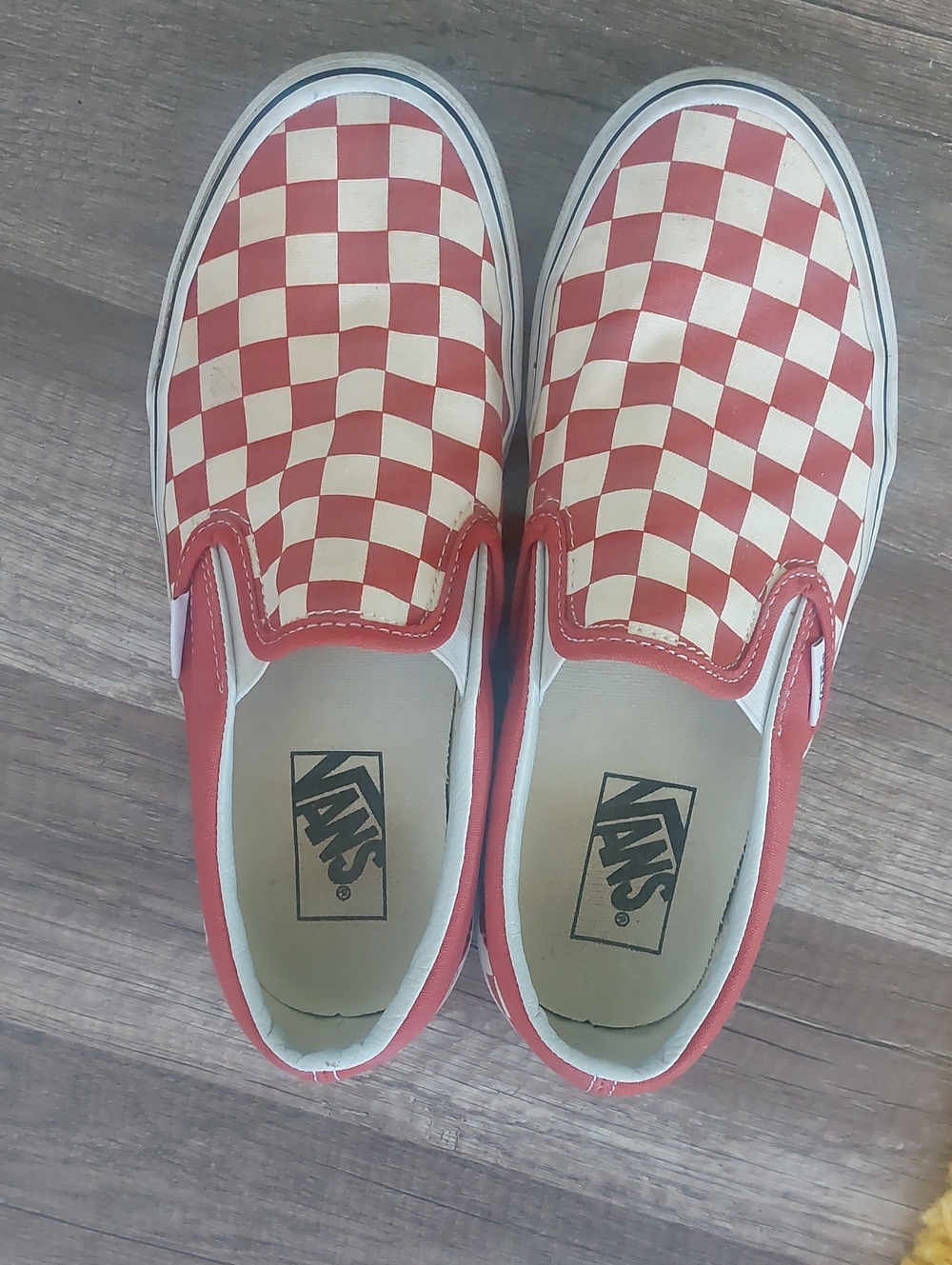 Broken-In Red and White Checkerboard Slip-On Vans Size Womens 7, Mens 5.5